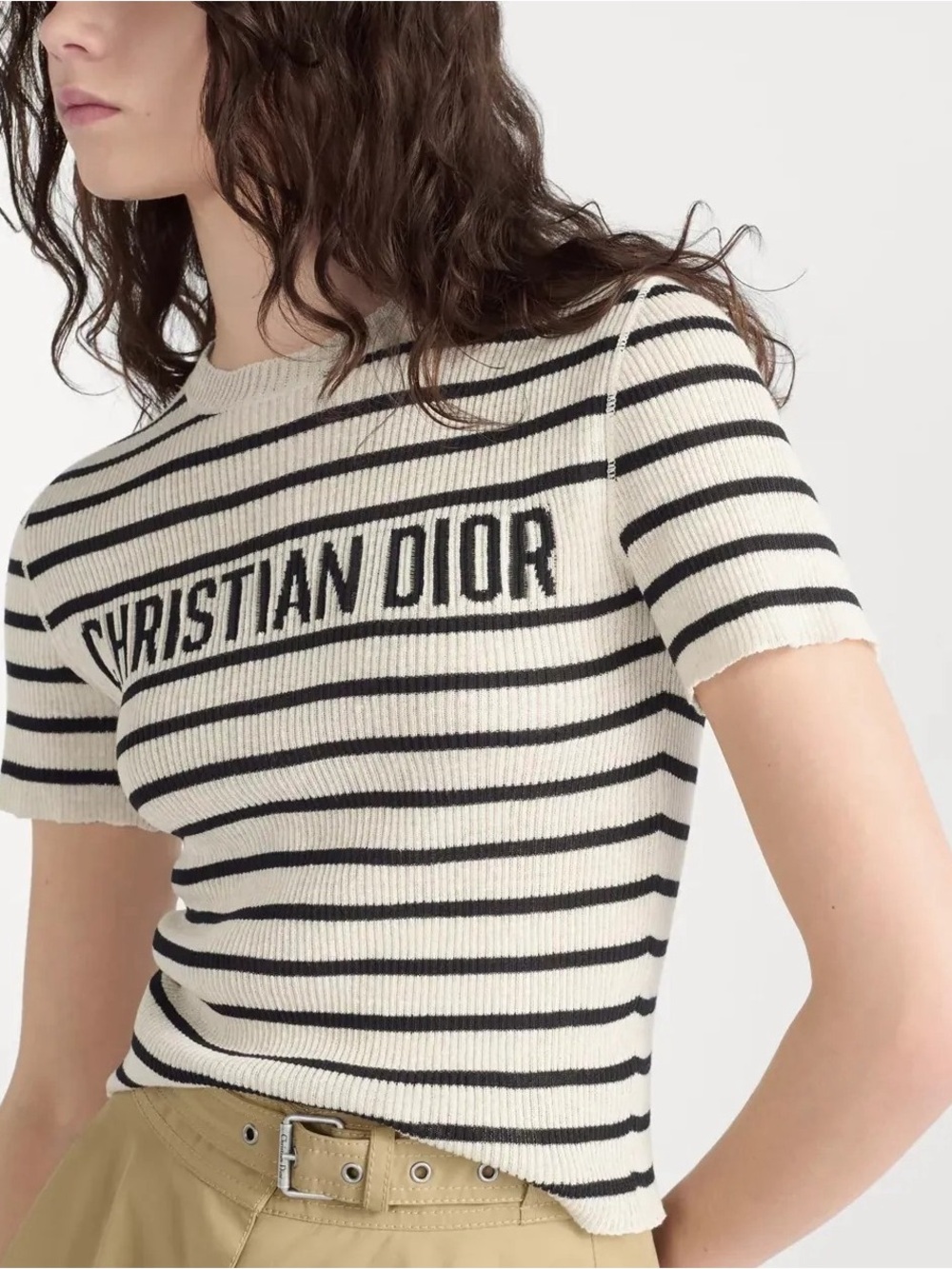 Dior Cream and Black Striped Short-Sleeve Logo Knit Tee